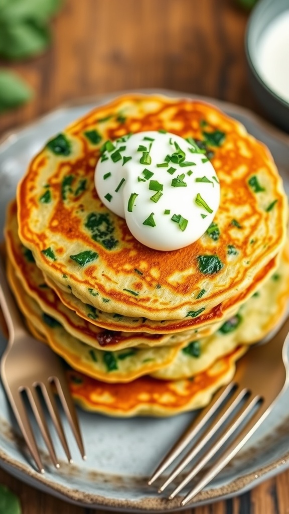 A stack of fluffy spinach yogurt pancakes garnished with yogurt and herbs, served on a rustic plate.